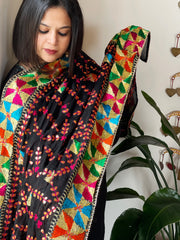 Black Handmade Phulkari Dupatta in Pure Chinon with Gotapatti Handwork