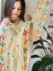 Cream Handmade Phulkari Dupatta in Pure Chinon with Gota Handwork