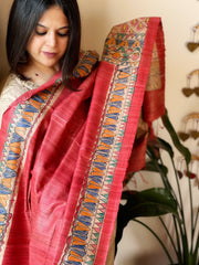 Carrot Red Handpainted Madhubani Dupatta in Pure Tussar Silk