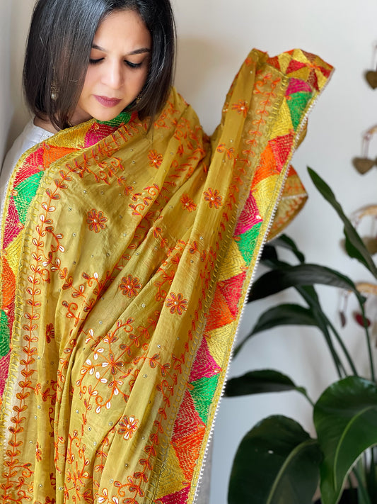 Mustard Handmade Phulkari Dupatta in Pure Chinon with Gotapatti Handwork