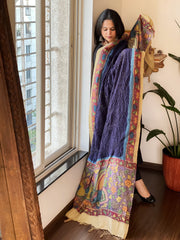 Deep Blue Rai Bandhej Dupatta with Handpainted Kalamkari Pallu in Pure Muga Silk