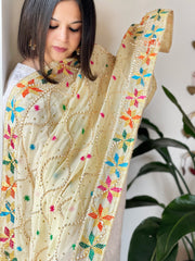 Cream Handmade Phulkari Dupatta in Pure Chinon with Gota Handwork