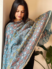 Dusty Teal Handmade Nakshi Kantha Dupatta in Cotton-Silk