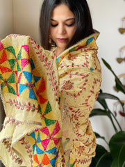 Beige Handmade Phulkari Dupatta in Pure Chinon with Gotapatti Handwork