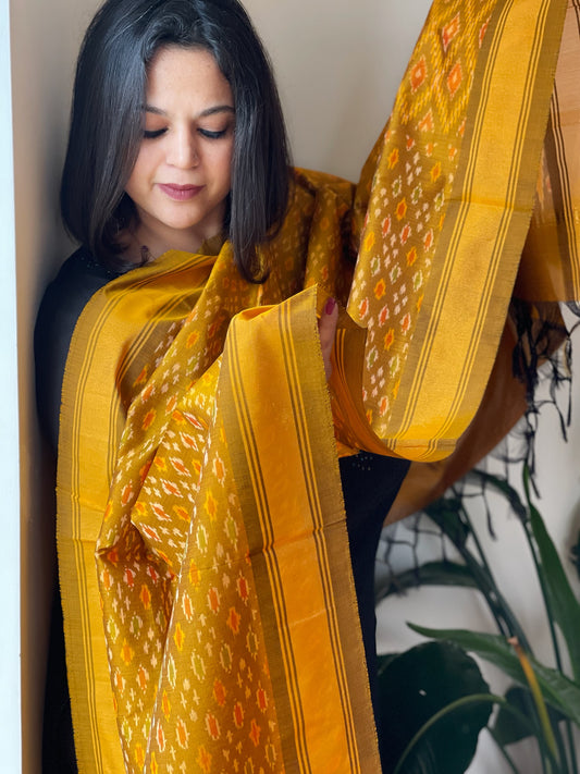 Mustard Handwoven Ikat Dupatta Pure Silk-Cotton