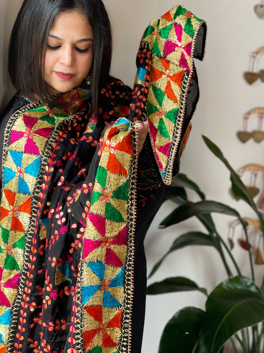 Black Handmade Phulkari Dupatta in Pure Chinon with Gotapatti Handwork