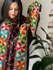 Black Handmade Phulkari Dupatta in Pure Chinon with Gotapatti Handwork