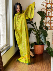 Lime Green Handwoven Ikat Dupatta Pure Silk-Cotton