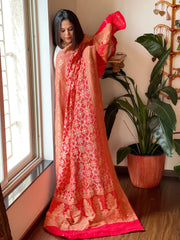 Coral Pink Neemzari Bandhani Dupatta with Mukaish Handwork in Georgette