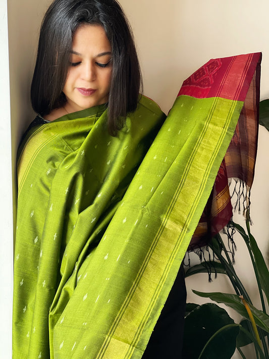 Leaf Green Handwoven Ikat Dupatta Pure Silk-Cotton