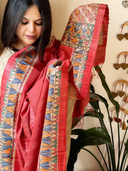 Carrot Red Handpainted Madhubani Dupatta in Pure Tussar Silk