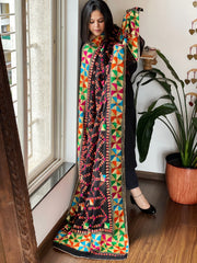 Black Handmade Phulkari Dupatta in Pure Chinon with Gotapatti Handwork