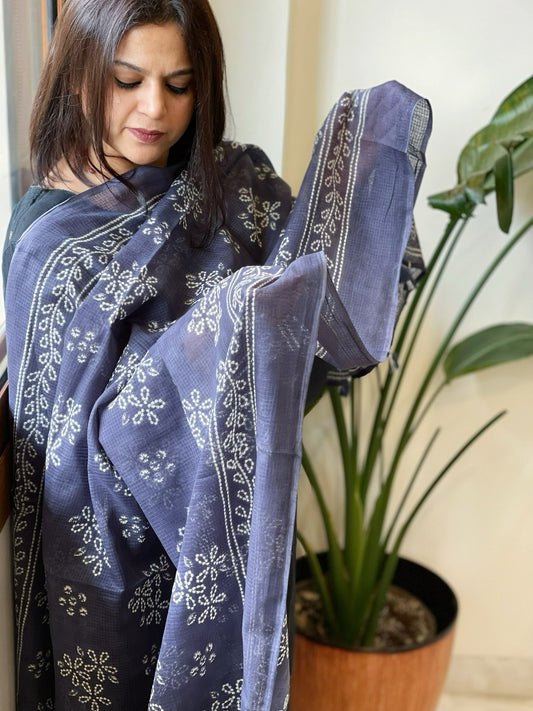 Indigo Blue Kota Cotton Handblock Printed Dupatta - Masakalee