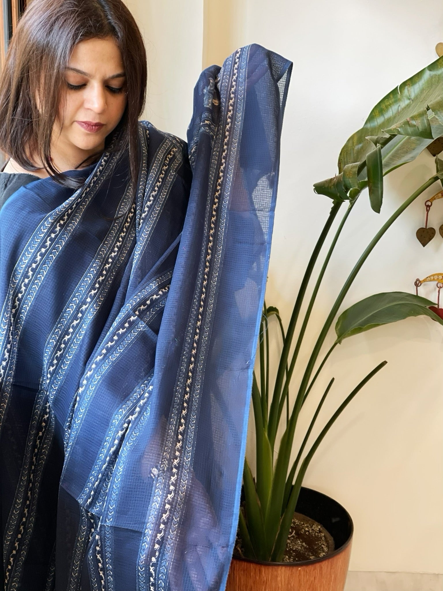 Indigo Blue Kota Cotton Handblock Printed Dupatta - Masakalee