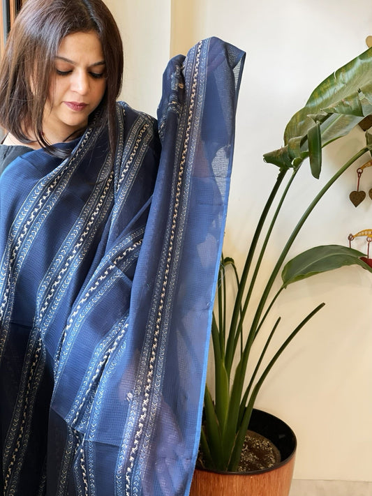 Indigo Blue Kota Cotton Handblock Printed Dupatta - Masakalee