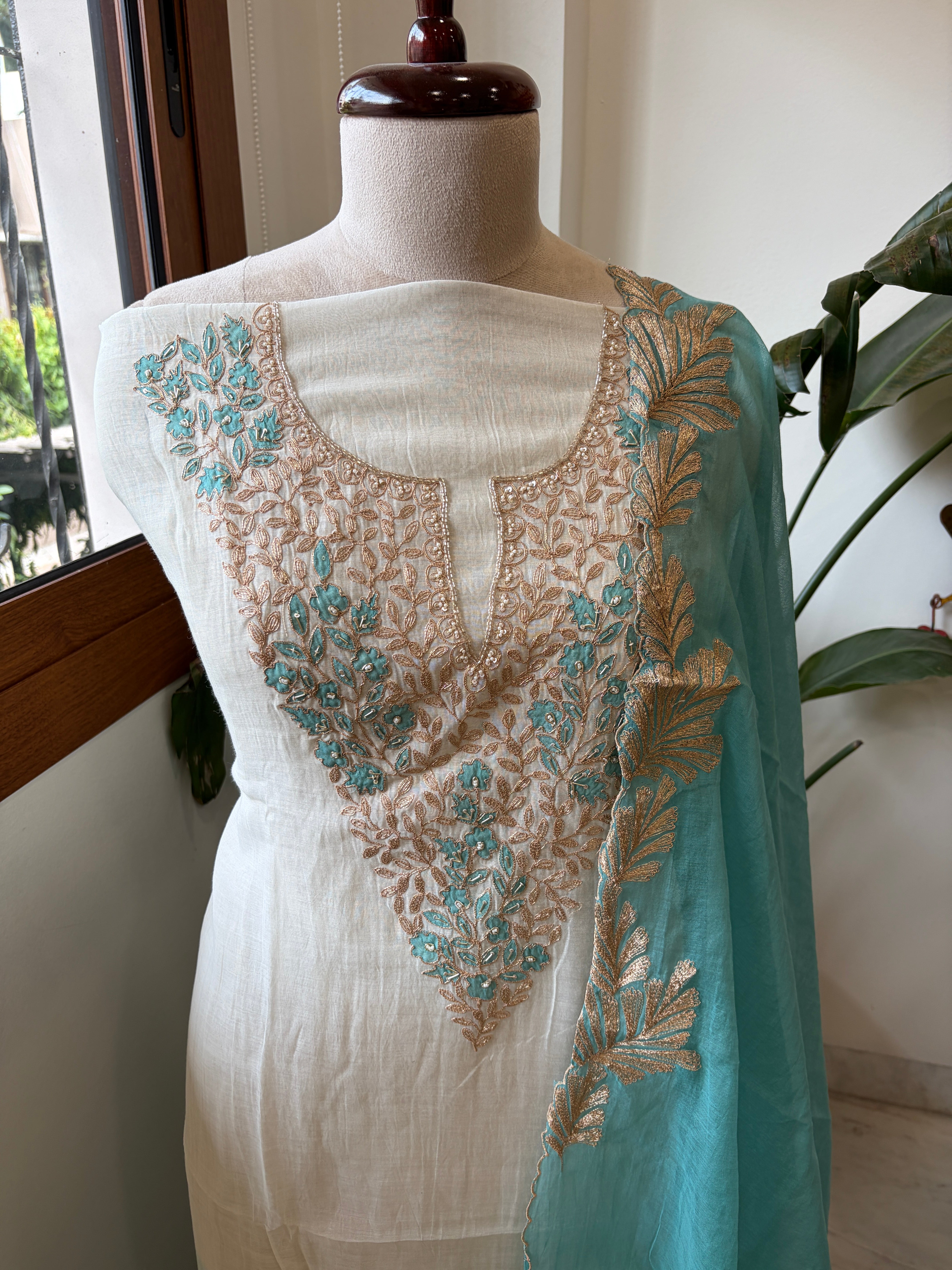 Ivory blue Applique Suit Set in Pure Mul Chanderi With Dabka Handwork - Masakalee