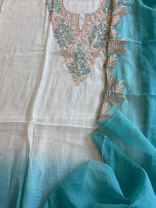 Ivory blue Applique Suit Set in Pure Mul Chanderi With Dabka Handwork - Masakalee