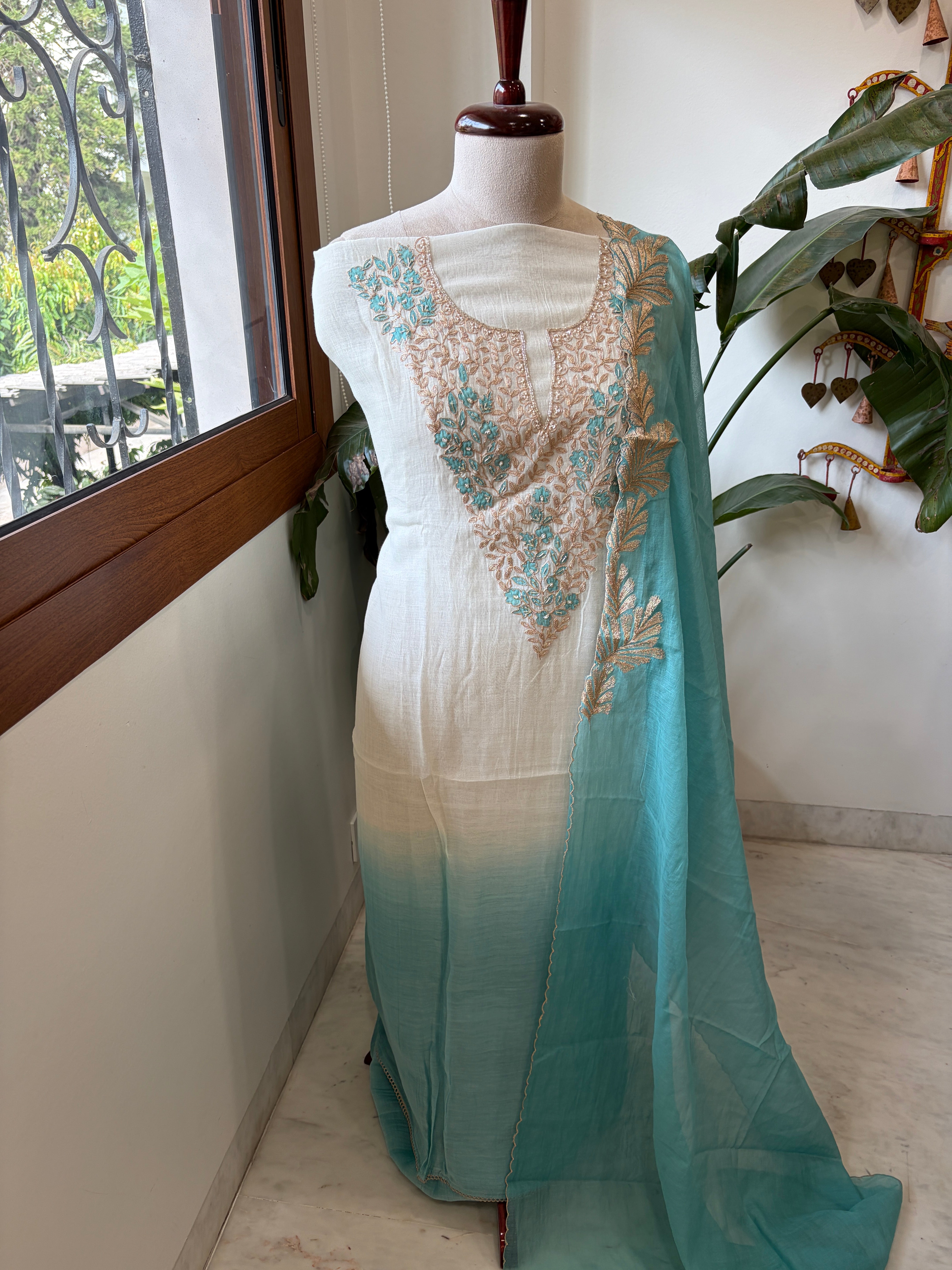 Ivory blue Applique Suit Set in Pure Mul Chanderi With Dabka Handwork - Masakalee