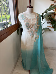 Ivory blue Applique Suit Set in Pure Mul Chanderi With Dabka Handwork - Masakalee