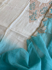 Ivory blue Applique Suit Set in Pure Mul Chanderi With Dabka Handwork - Masakalee