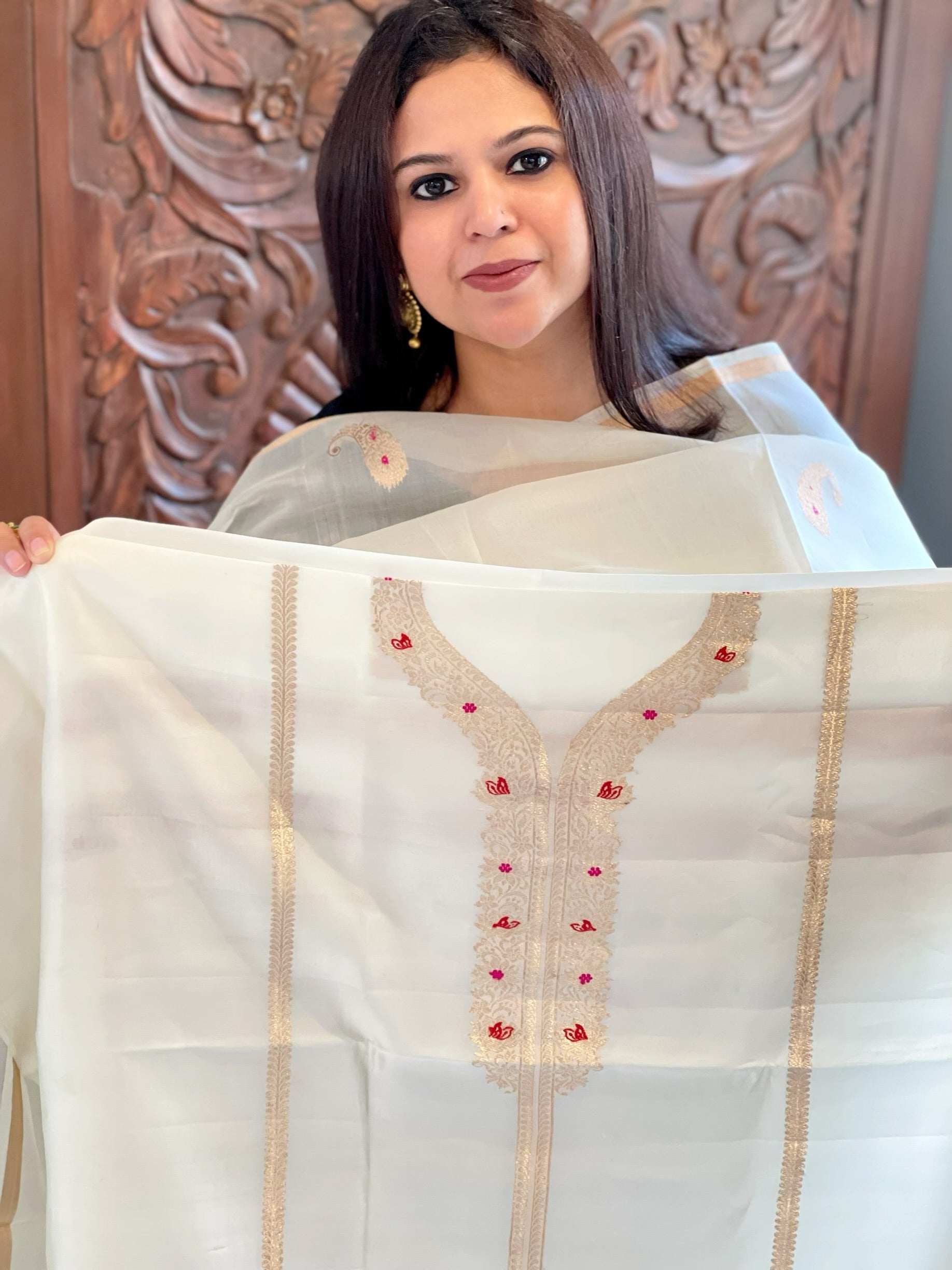 Ivory Designer Banarasi Suit Set in Pure Silk - Masakalee