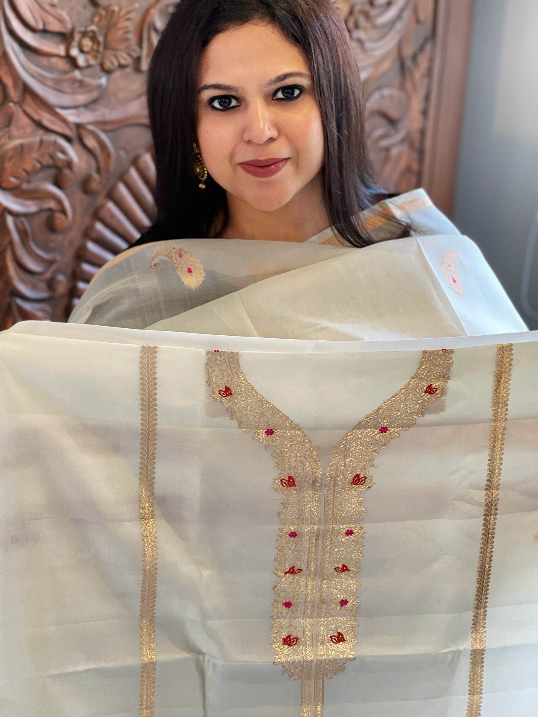 Ivory Designer Banarasi Suit Set in Pure Silk - Masakalee