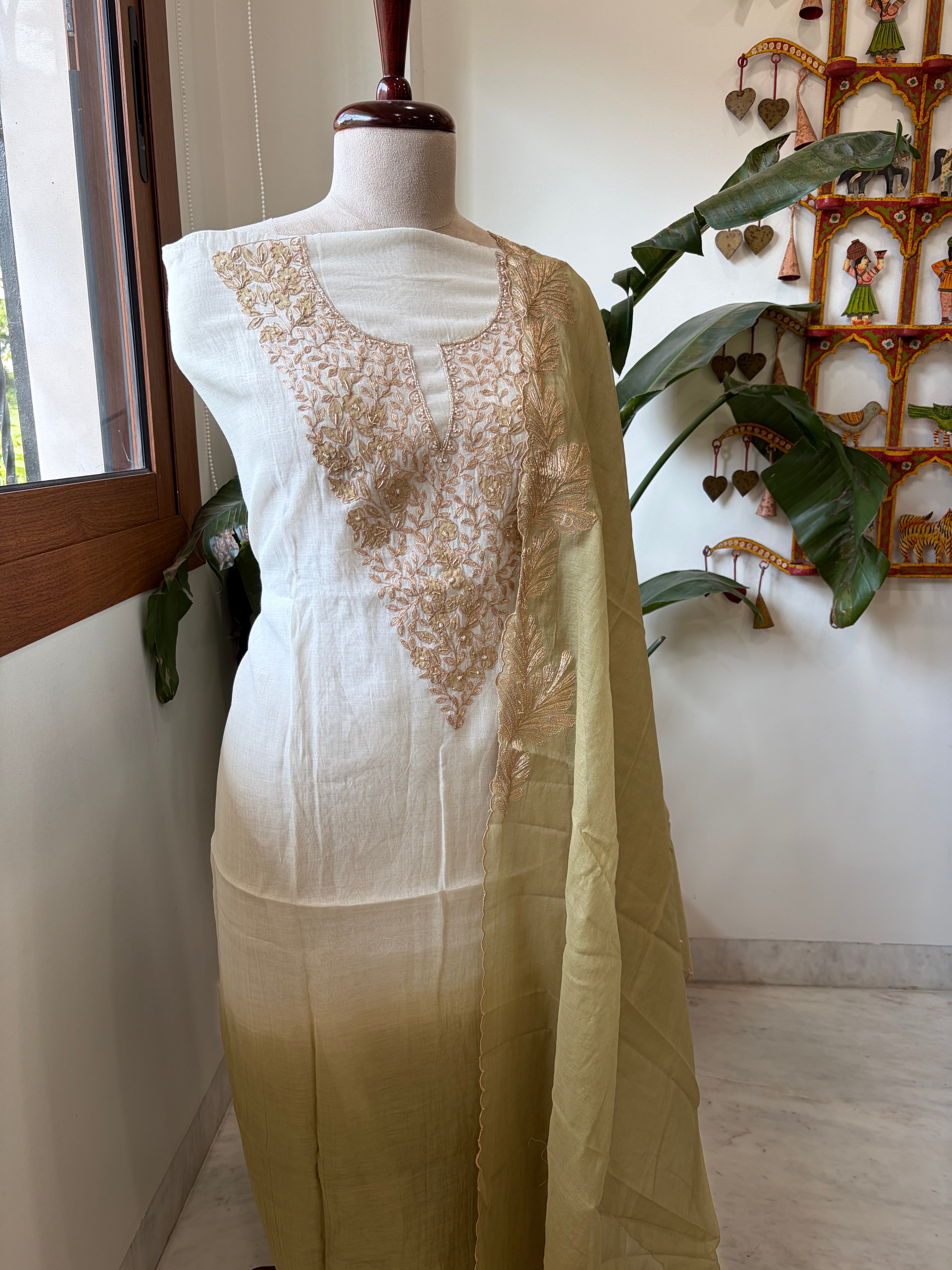 Ivory Green Applique Suit Set in Pure Mul Chanderi With Dabka Handwork - Masakalee