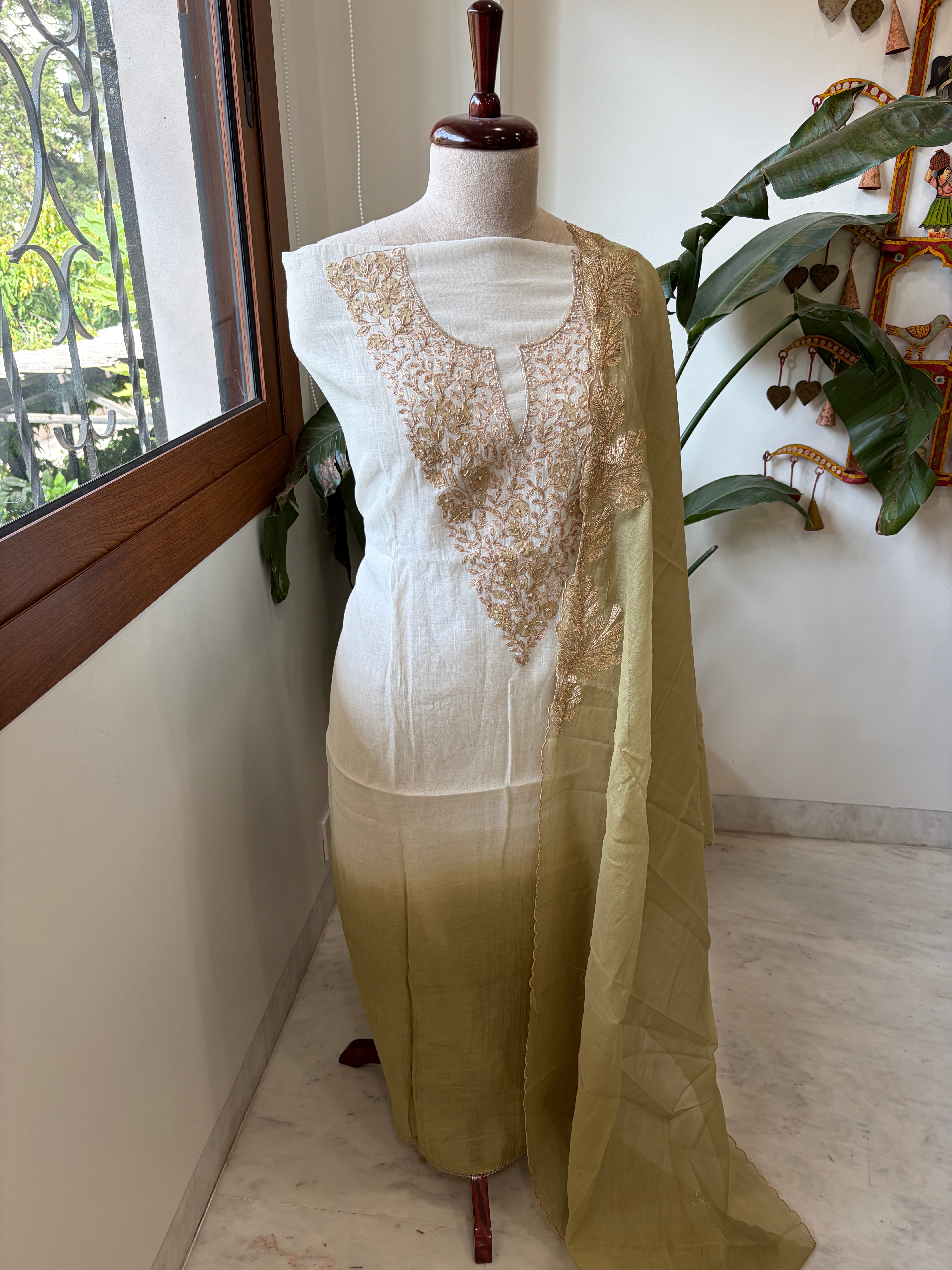 Ivory Green Applique Suit Set in Pure Mul Chanderi With Dabka Handwork - Masakalee