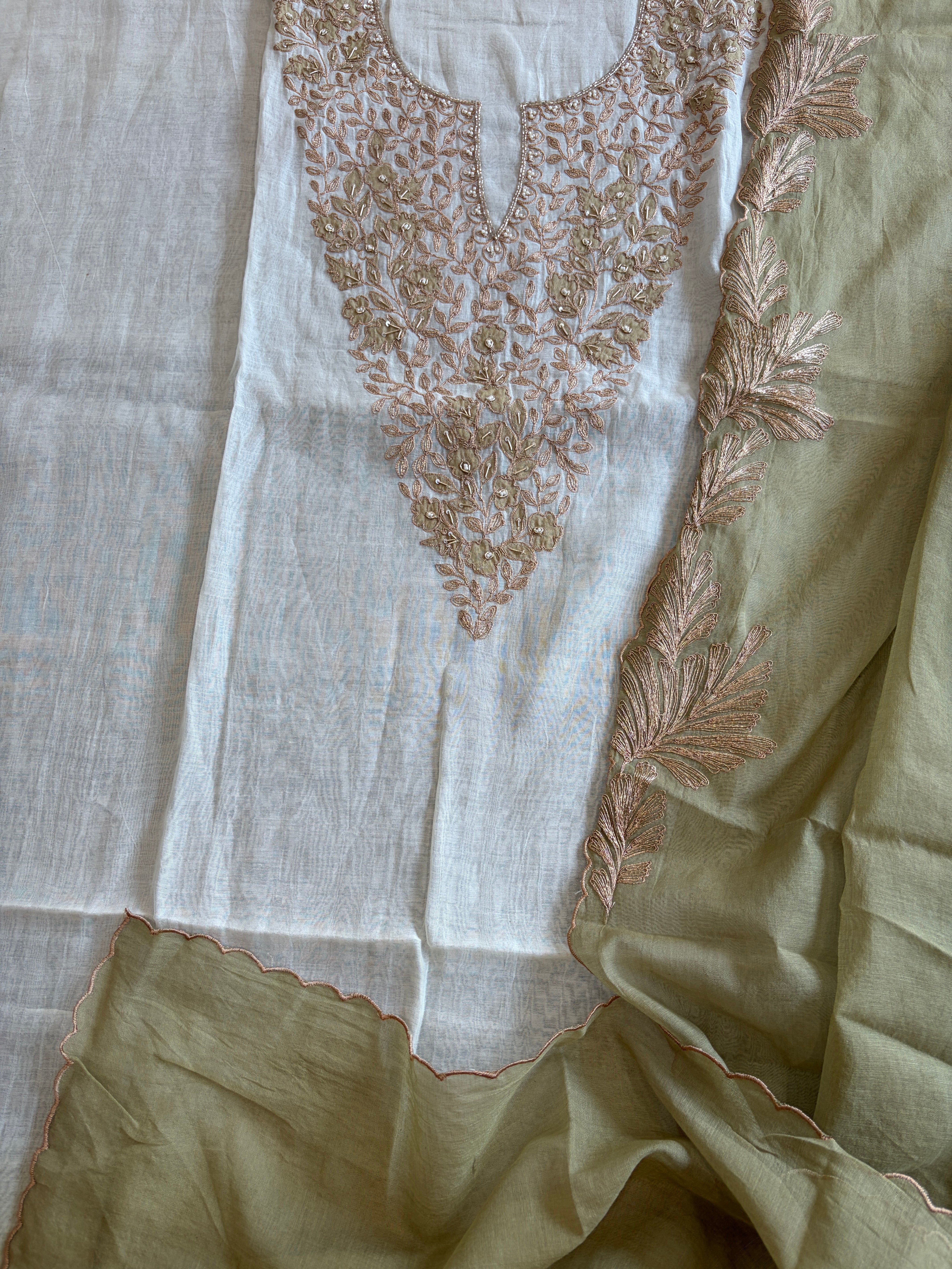 Ivory Green Applique Suit Set in Pure Mul Chanderi With Dabka Handwork - Masakalee