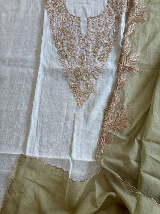 Ivory Green Applique Suit Set in Pure Mul Chanderi With Dabka Handwork - Masakalee