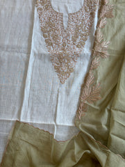 Ivory Green Applique Suit Set in Pure Mul Chanderi With Dabka Handwork - Masakalee