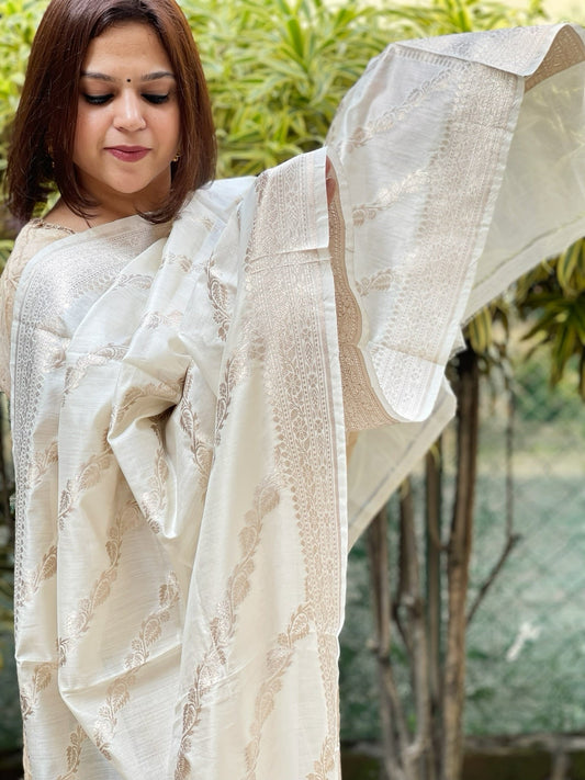 Ivory Handwoven Banarasi Dupatta in Pure Silk - Masakalee