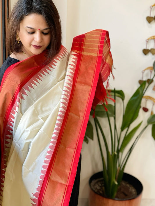 Ivory Handwoven Ikat Dupatta in Pure Silk - Masakalee