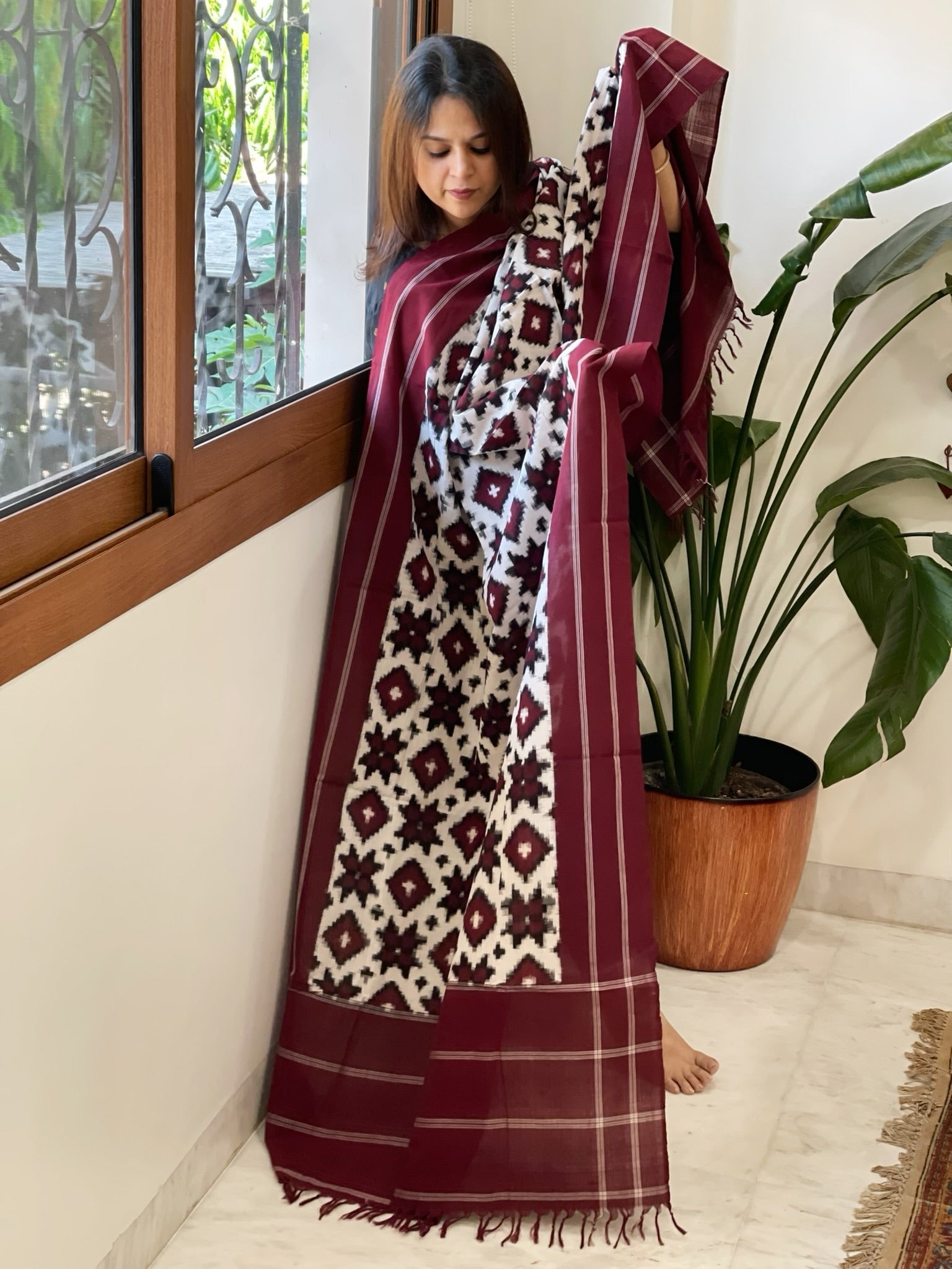 Ivory, Maroon Double Ikat Telia Rumal Dupatta in Cotton - Masakalee