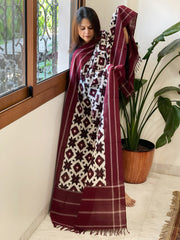 Ivory, Maroon Double Ikat Telia Rumal Dupatta in Cotton - Masakalee