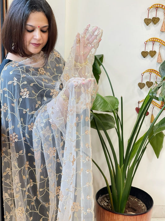 Ivory Net Dupatta with Sequin and Cut Daana Embroidery - Masakalee