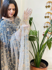 Ivory Net Dupatta with Sequin and Cut Daana Embroidery - Masakalee