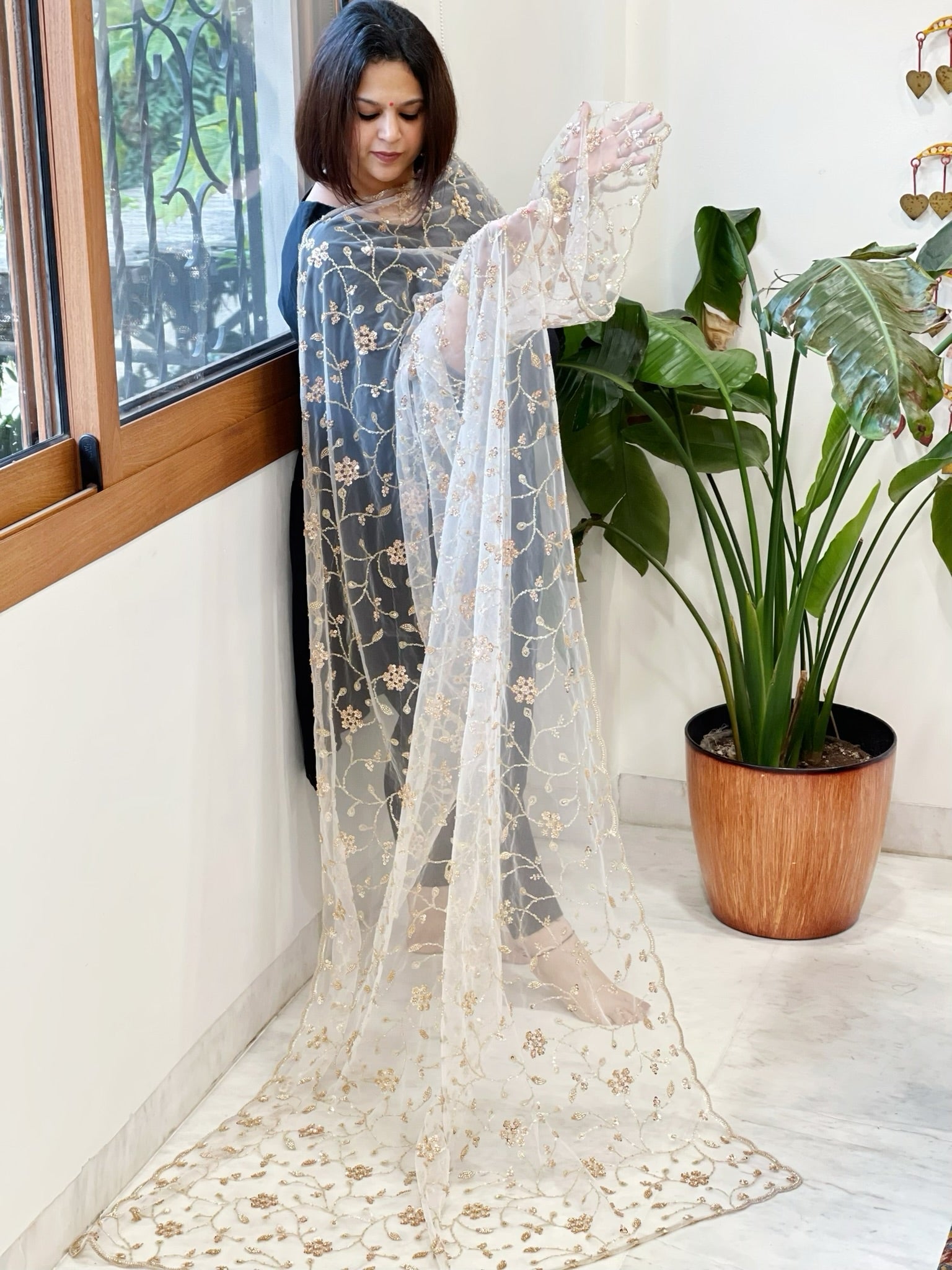 Ivory Net Dupatta with Sequin and Cut Daana Embroidery - Masakalee