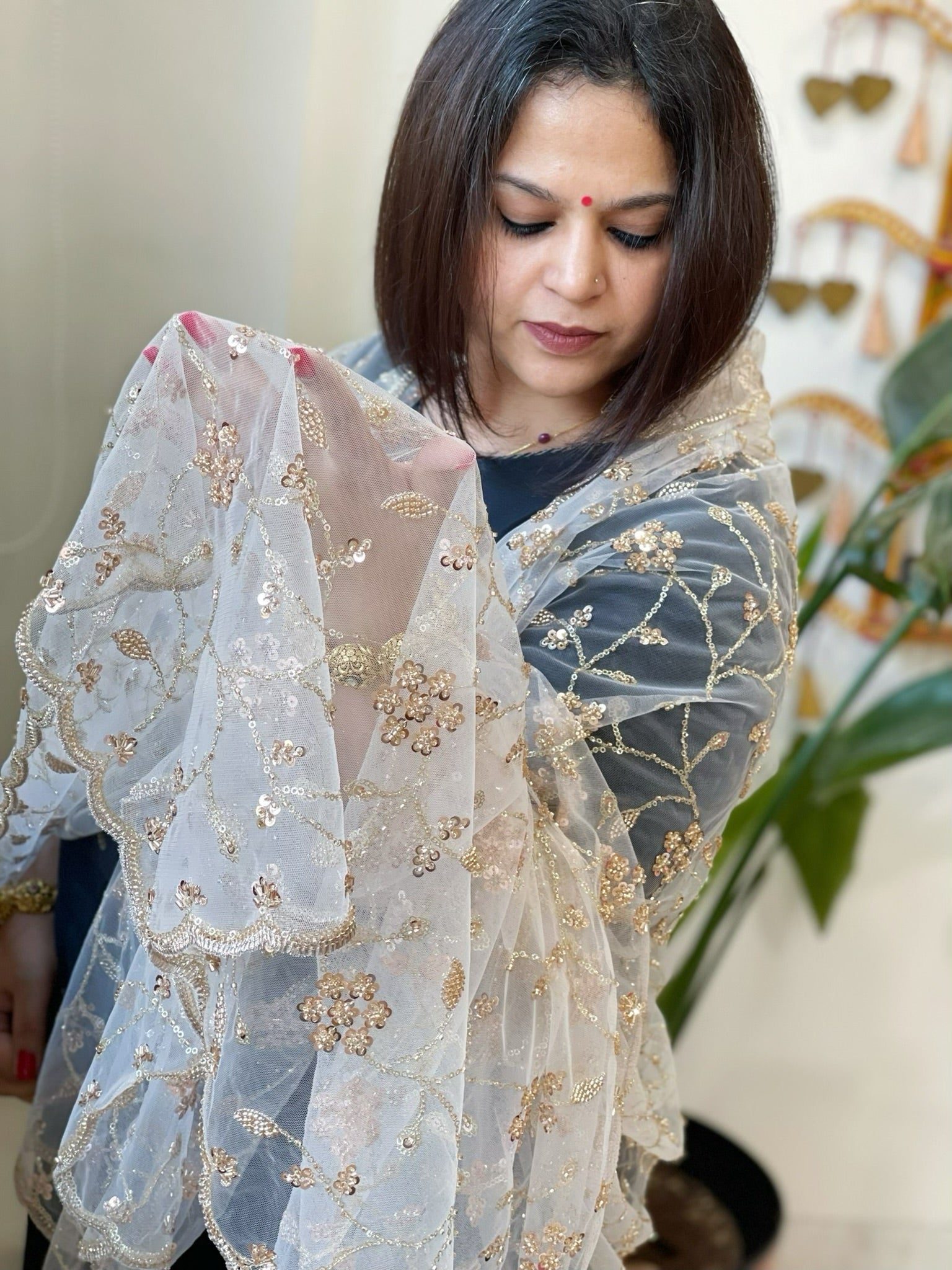 Ivory Net Dupatta with Sequin and Cut Daana Embroidery - Masakalee