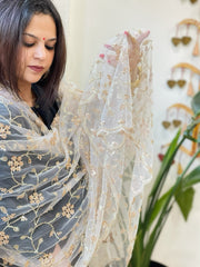 Ivory Net Dupatta with Sequin and Cut Daana Embroidery - Masakalee