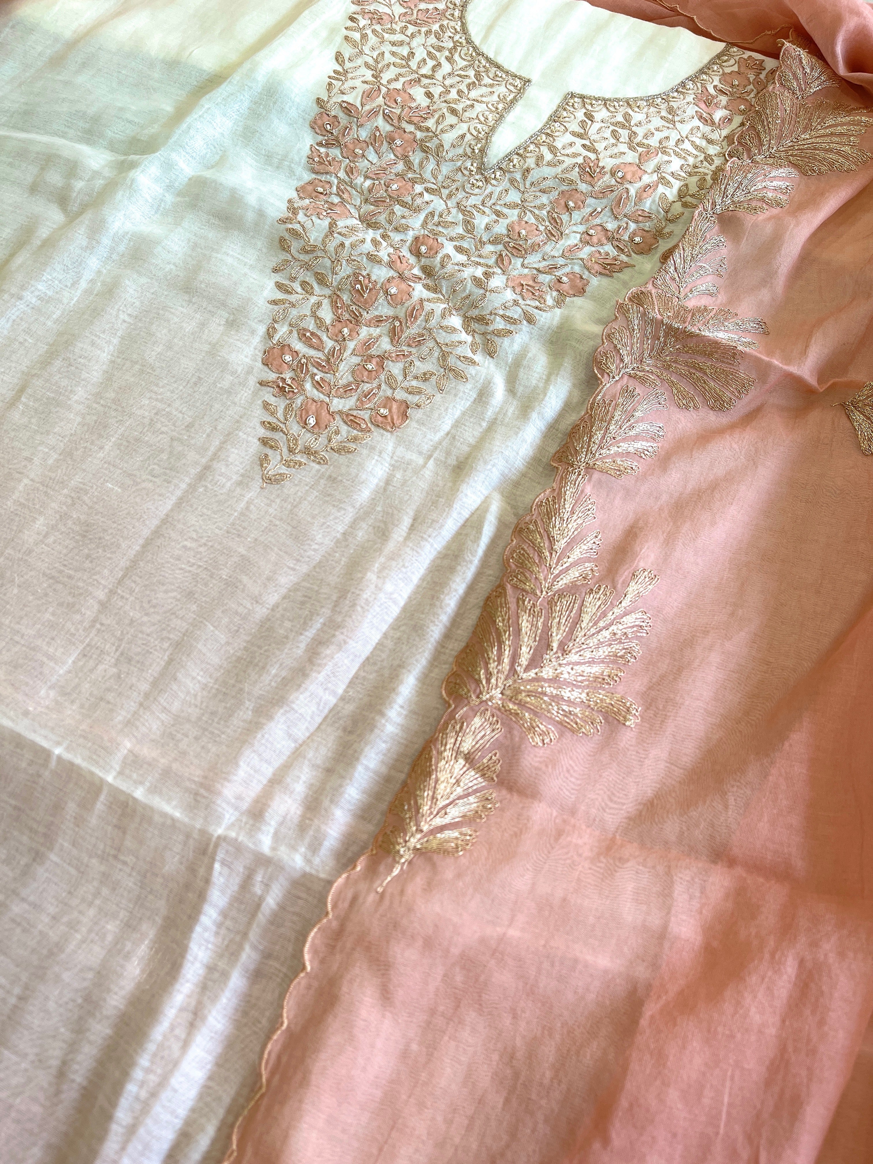 Ivory peach Applique Suit Set in Pure Mul Chanderi With Dabka Handwork - Masakalee