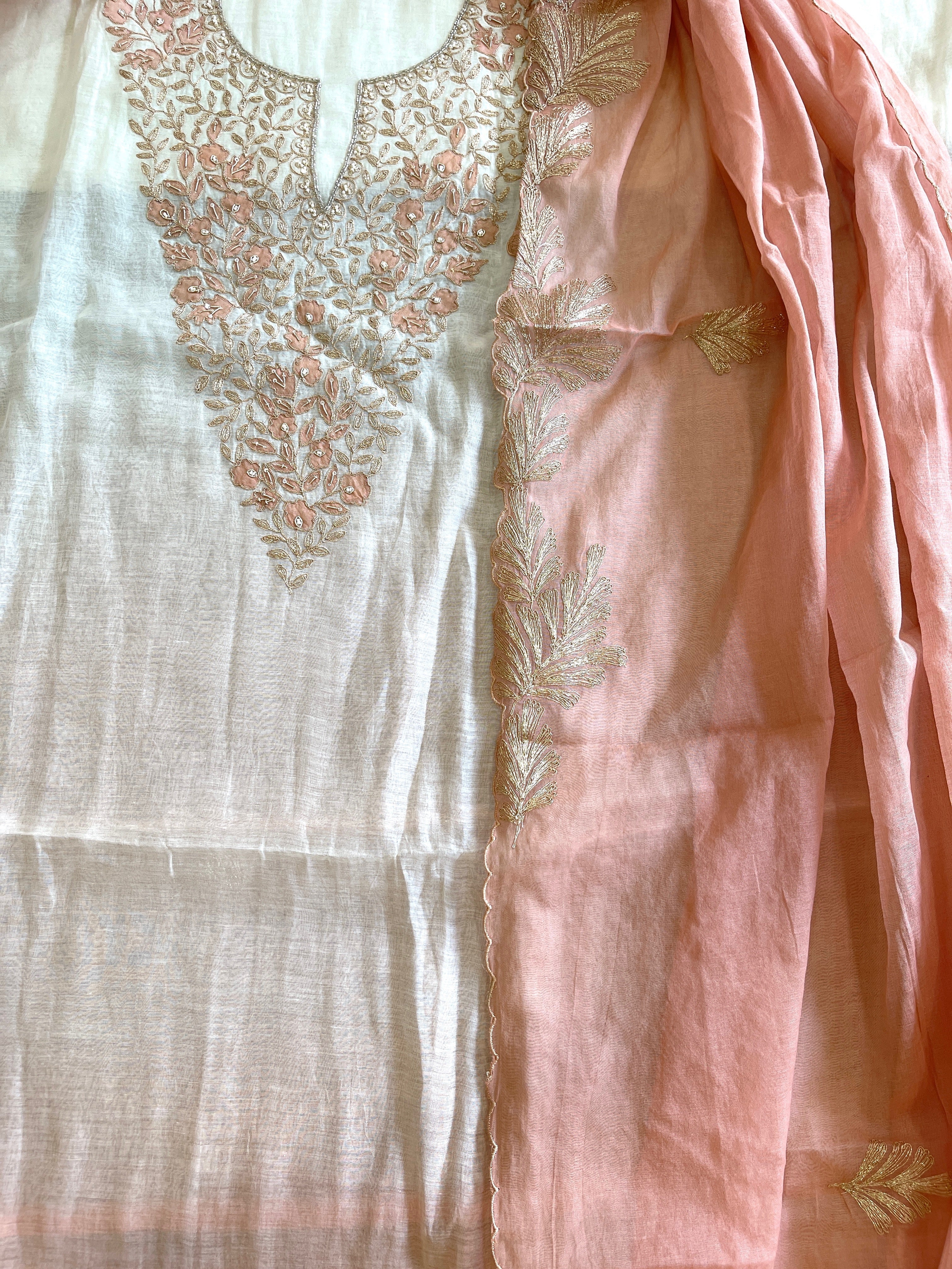 Ivory peach Applique Suit Set in Pure Mul Chanderi With Dabka Handwork - Masakalee