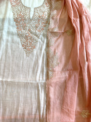 Ivory peach Applique Suit Set in Pure Mul Chanderi With Dabka Handwork - Masakalee