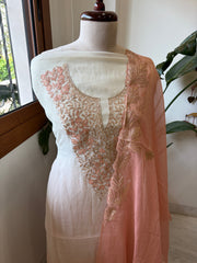 Ivory peach Applique Suit Set in Pure Mul Chanderi With Dabka Handwork - Masakalee