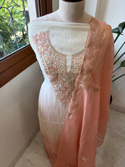Ivory peach Applique Suit Set in Pure Mul Chanderi With Dabka Handwork - Masakalee