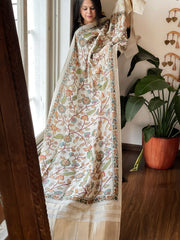Ivory Printed Kalamkari Dupatta with Sequin Work and Zari Pallu in Dola Silk - Masakalee