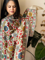 Ivory Printed Kalamkari Dupatta with Sequin Work and Zari Pallu in Dola Silk - Masakalee