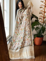 Ivory Printed Kalamkari Dupatta with Sequin Work and Zari Pallu in Dola Silk - Masakalee