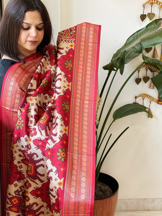 Ivory Printed Patola Dupatta in Fine Art Silk - Masakalee
