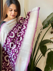 Ivory, Purple Double Ikat Telia Rumal Dupatta in Cotton - Masakalee